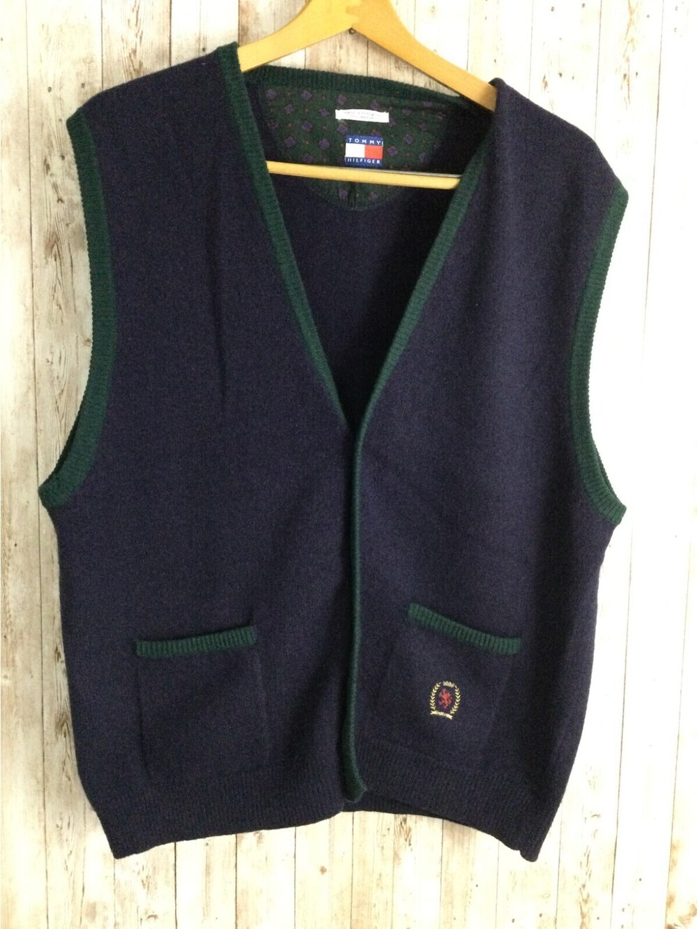 Tommy Hilfiger 100% lambs wool vest vintage size Large Blue Green rare nice